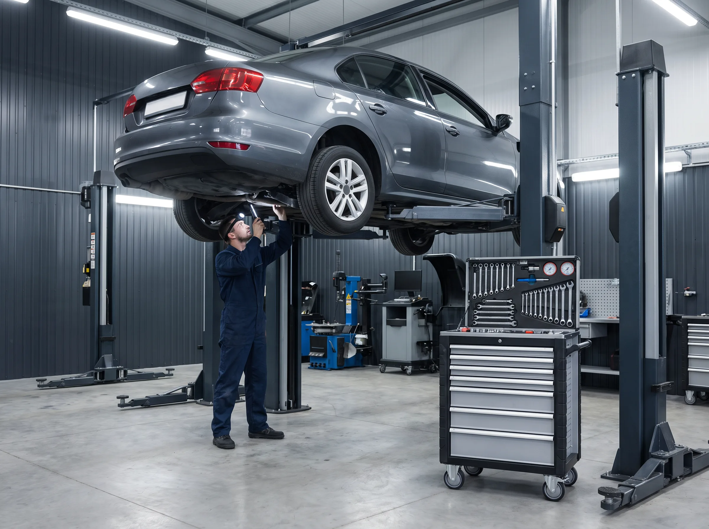 Fahrzeug auf der Hebebühne wird von einem Mechaniker geprüft