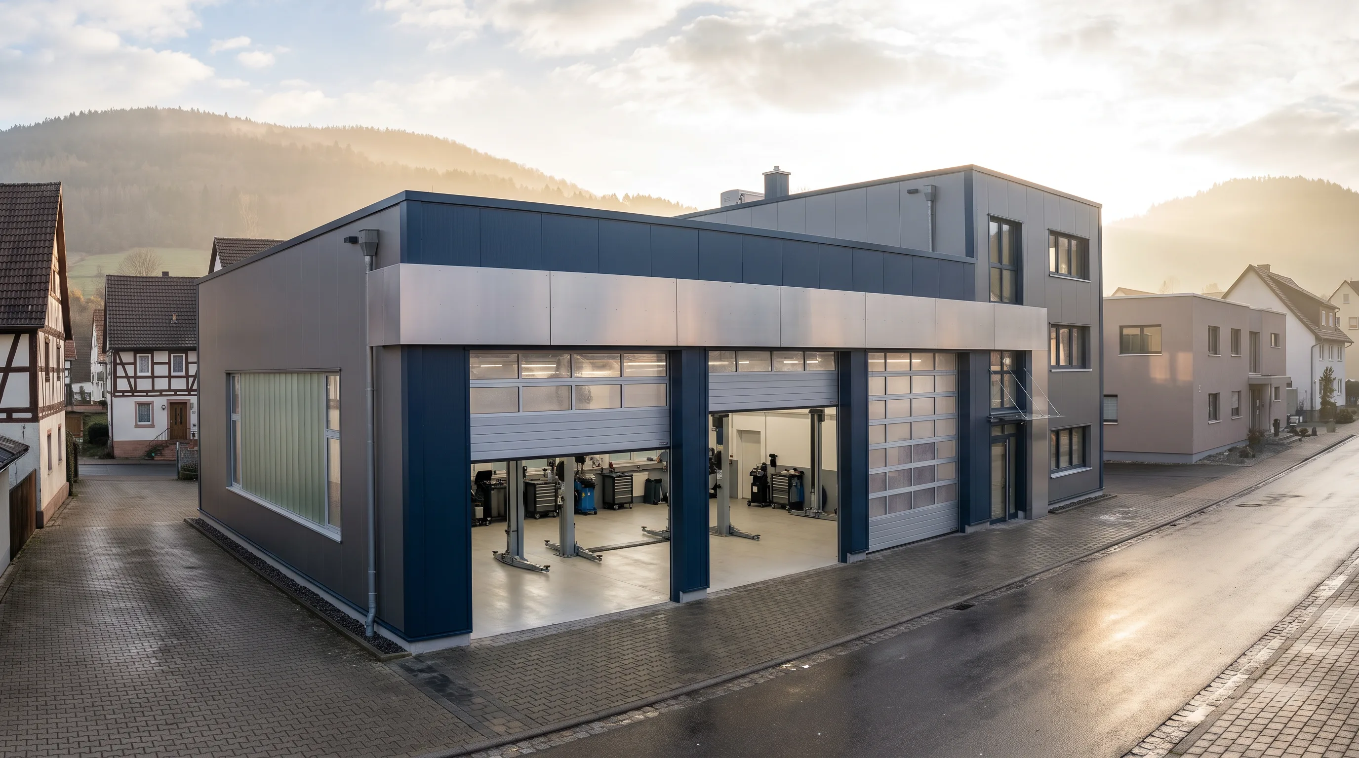 Werkstatthalle des KFZ-Musterbetriebs von außen und innen